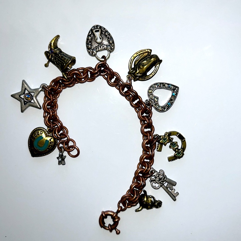 Designer Sweet Romance Equestrian Theme 10 Charm Brass Copper Nickel Bracelet - Picture 5 of 12